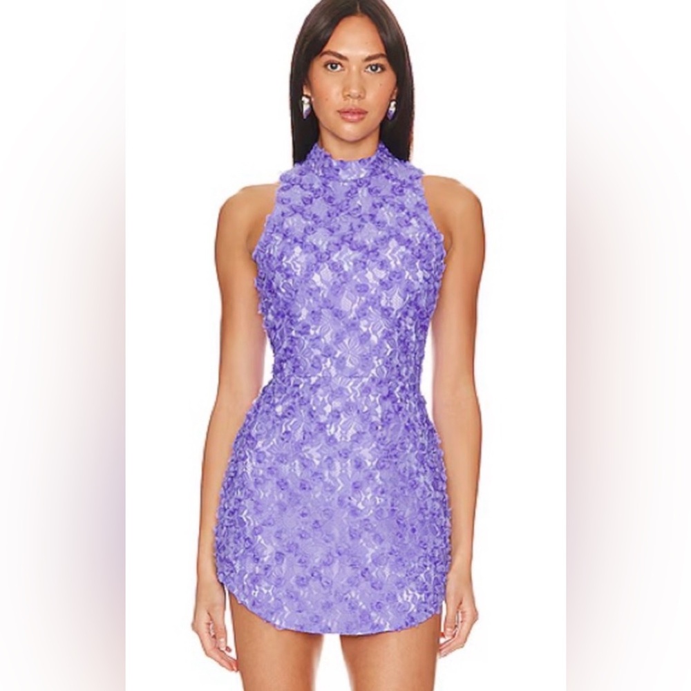 Amanda Uprichard Revolve Marshall Purple Textured Lace Rosettes Mini Dress Sz L